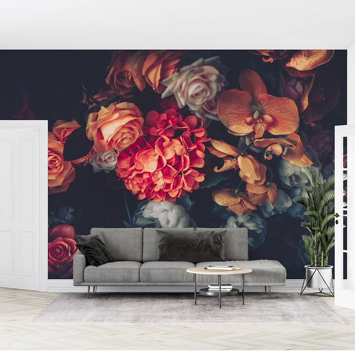 Retro dark floral wallpaper mural | Orange roses with oil painting texture in a living room setting with a grey sofa and bold flower mural