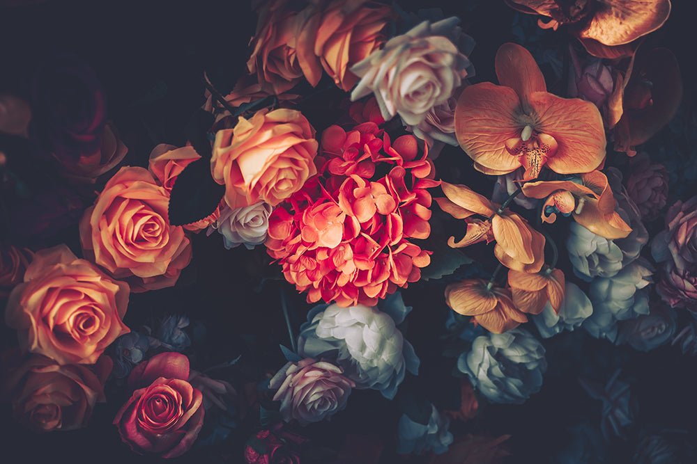 Retro dark floral wallpaper mural | Orange roses with oil painting texture - Carving wallpaper