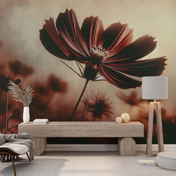 Retro Dark Floral Wallpaper Mural - Vintage Botanical Art for Living Room & Bedroom - dark red flower mural for sophisticated interior decor