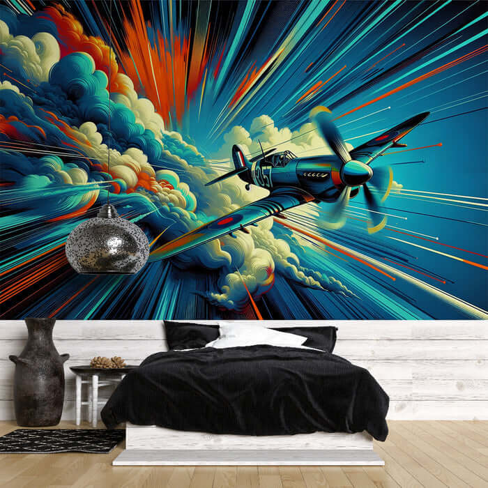 Retro Fighter Jet Mural Wallpaper - Dynamic Blue & Orange Cloud Design