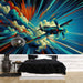 Retro Fighter Jet Mural Wallpaper - Dynamic Blue & Orange Cloud Design