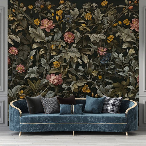 Retro floral wallpaper mural | Neutral floral mural on dark background - Carving wallpaper