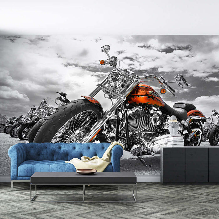 Retro Harley motorcycle wallpaper mural | Street cool motorcycle - bold orange Harley bike against black-white background in living room mural