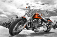 Retro Harley motorcycle wallpaper mural | Street cool motorcycle: Chrome Harley with orange flame coat on black/gray backdrop, industrial style wall art for living room or bedroom.