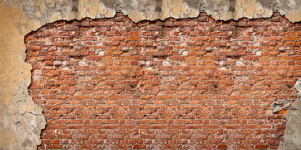 Retro Red Brick Wall Breaking Effect | Wallpaper Mural - rugged vintage red brick wall with peeling plaster for industrial style decor