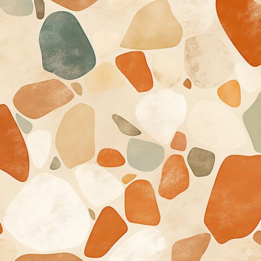 Retro stone patterned wallpaper mural | Warm toned geometric patterns - textured pebble stones in earthy colors for vintage bedroom and living room decor