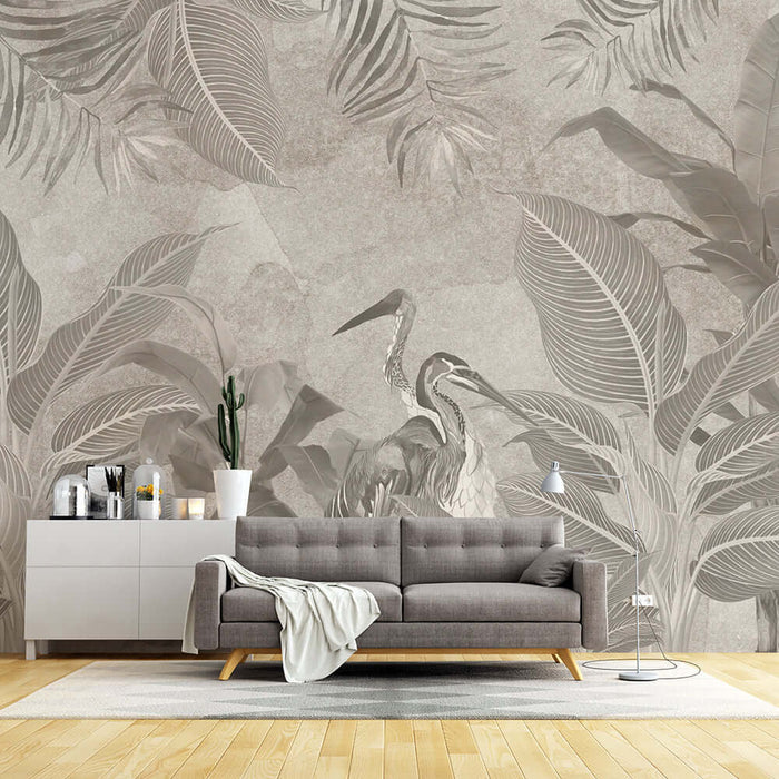 Retro plant flower and bird wallpaper mural | Wabi sabi style decorative wall in bedroom