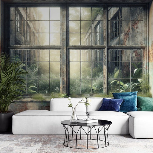 Retro wallpaper mural | Glass roof and worn - out wall facing shrubs - Carving wallpaper