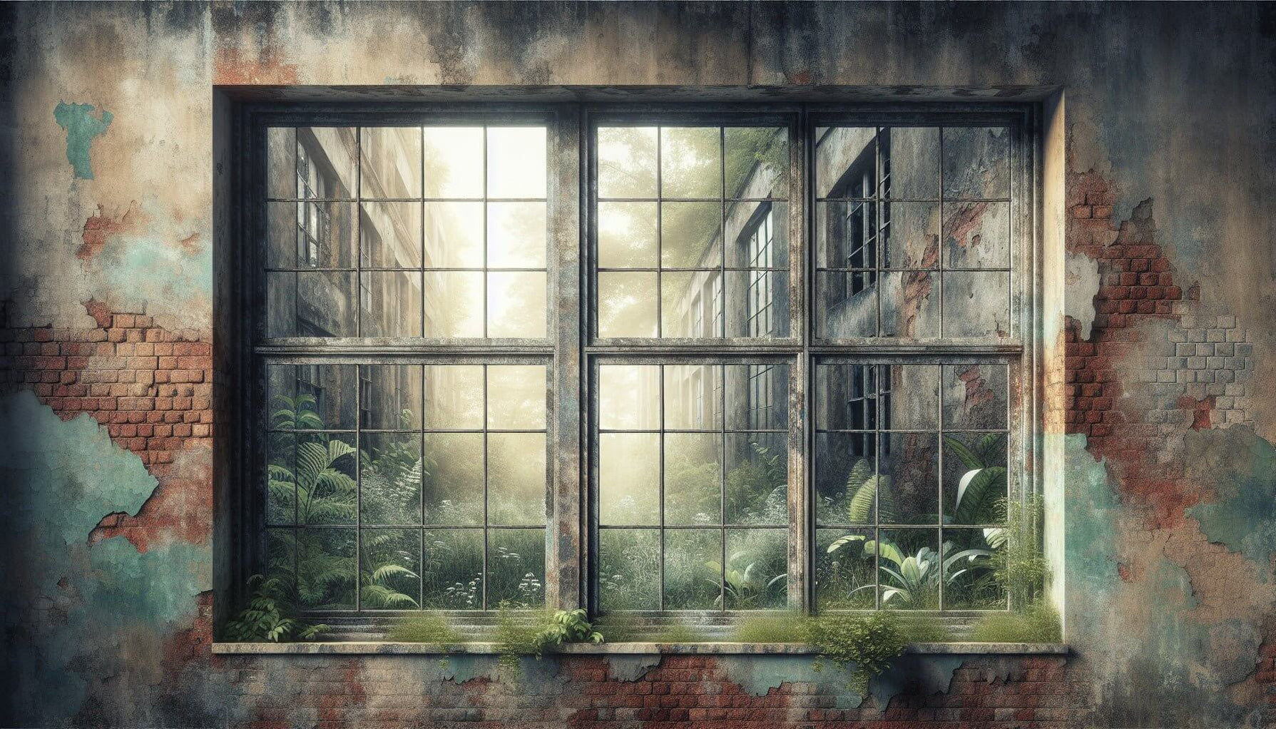 vintage window mural with distressed brick and botanical wallscape ...