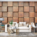 Retro Wood Block Effect 3D Wallpaper - Natural & Textured in a modern living room with a beige sofa, gold coffee table, and wooden block wall