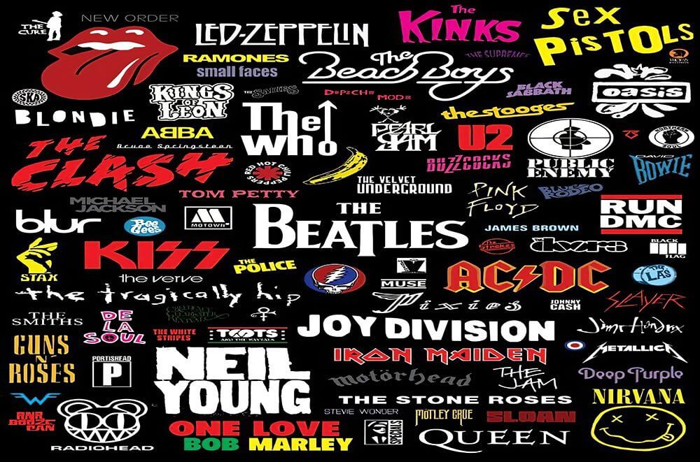 Rock band logo wallpaper mural | Classic band logo wall sticker featuring The Beatles, Queen, Nirvana, U2, The Who and more on a black background