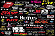 Rock band logo wallpaper mural | Classic band logo wall sticker featuring The Beatles, Queen, Nirvana, U2, The Who and more on a black background