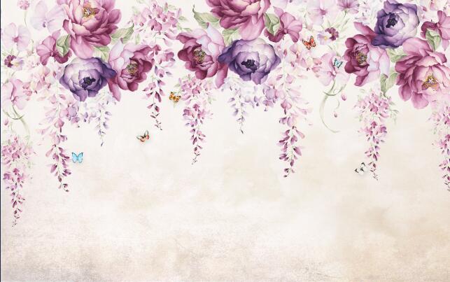 Romantic floral mural wallpaper | Purple pink flowers meet lively butterflies - Carving wallpaper