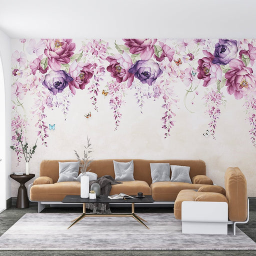 Romantic floral mural wallpaper | Purple pink flowers meet lively butterflies - Carving wallpaper