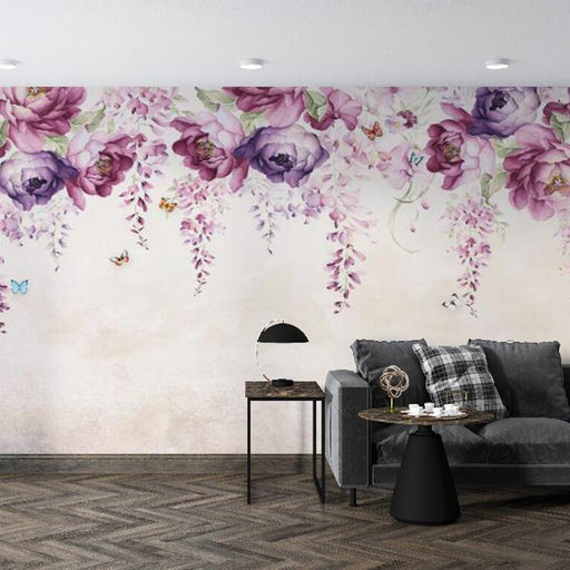 Romantic floral mural wallpaper | Purple pink flowers meet lively butterflies - Carving wallpaper