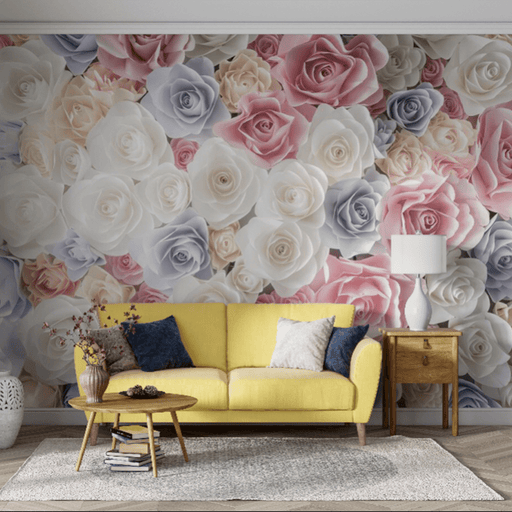 Romantic garden wallpaper mural | pastel colored roses - Carving wallpaper
