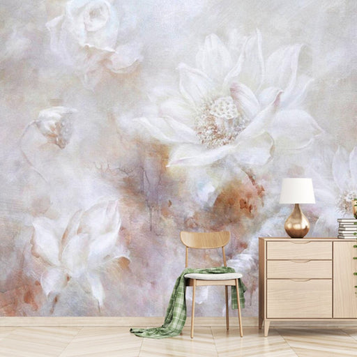 Romantic wallpaper mural | white lotus in full bloom - Carving wallpaper