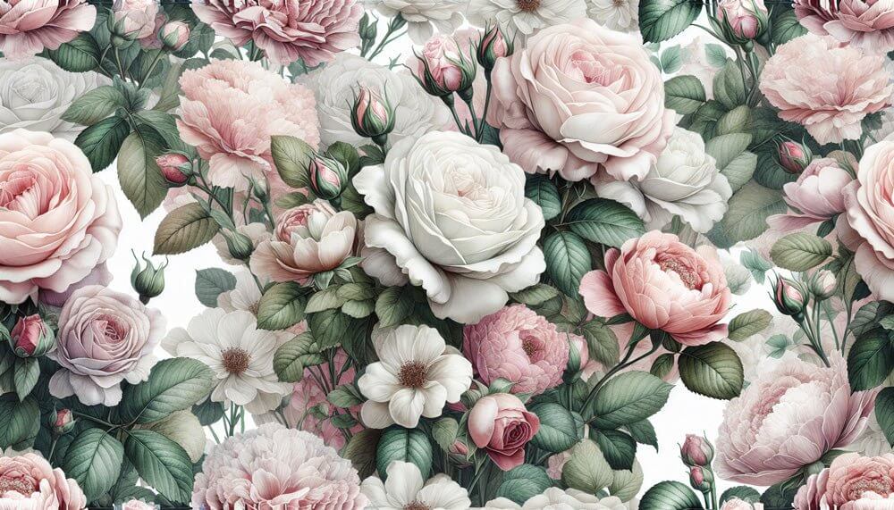 Rose Flower Wallpaper Mural | Pink and White features romantic roses with pink and white flowers, green leaves; elegant country European garden wallpaper for serene bedrooms