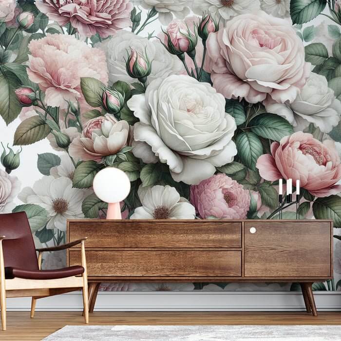 Rose Flower Wallpaper Mural | Pink and White - romantic roses wallpaper with pink and white blossoms, lush green leaves, elegant country European style