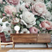 Rose Flower Wallpaper Mural | Pink and White - romantic roses wallpaper with pink and white blossoms, lush green leaves, elegant country European style