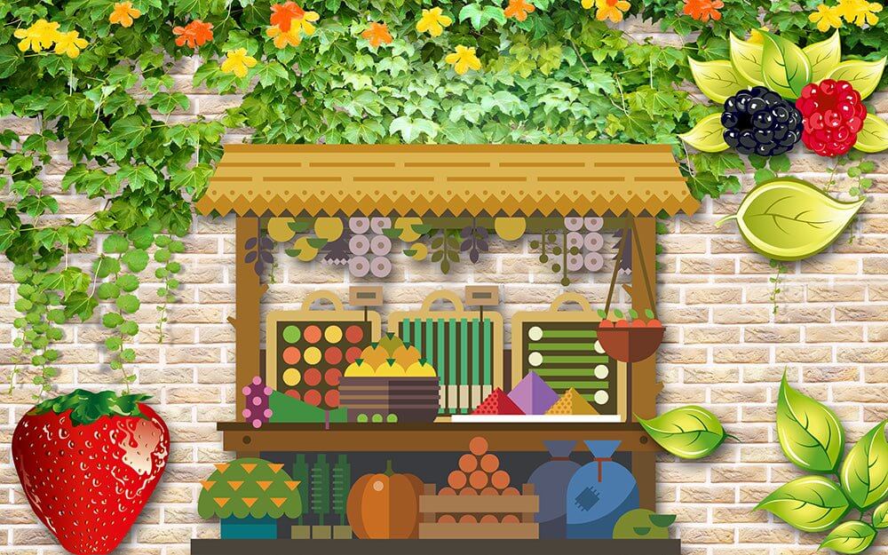 Rural Charm Wallpaper Mural: Emerald Vine Vegetable & Fruit Stall Scene