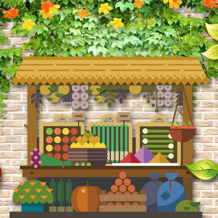 Rural Charm Wallpaper Mural: Emerald Vine Vegetable & Fruit Stall Scene