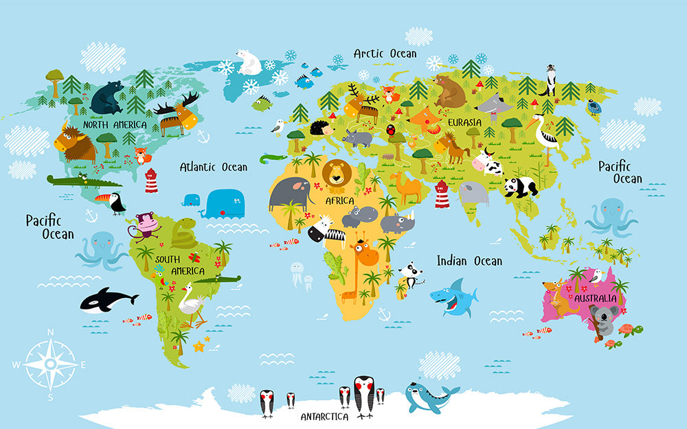 Animal World Map Wallpaper | Children's Room Study Knowledge Decoration Mural