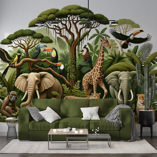 Safari Animals Wallpaper Mural | Vibrant Jungle Scene with Giraffes, Elephants, Cheetahs & Toucans