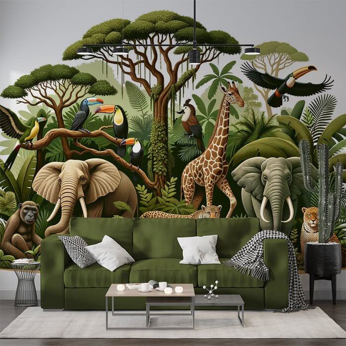 Safari Animals Wallpaper Mural | Vibrant Jungle Scene with Giraffes, Elephants, Cheetahs & Toucans