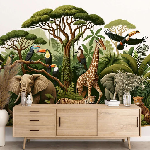 Safari Animals Wallpaper Mural | Vibrant Jungle Scene with Giraffes, Elephants, Cheetahs & Toucans