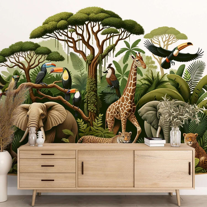 Safari Animals Wallpaper Mural | Vibrant Jungle Scene with Giraffes, Elephants, Cheetahs & Toucans