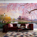 Sakura Ancient Architecture Wallpaper Mural | Japan with lush cherry blossoms, koi-like reflections, and serene ancient buildings over calm water