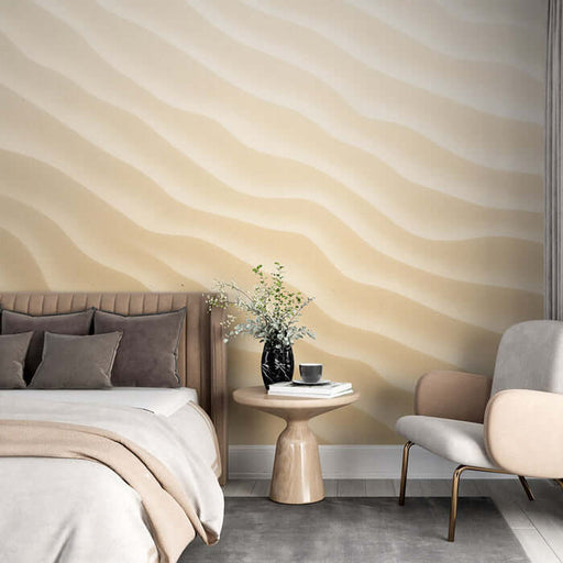 Sand Dune Texture Mural Wallpaper | Desert Panoramic View - serene desert bedroom featuring sand dune texture wall with soft warm tones and minimalist decor