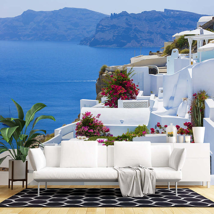 Santorini Landscape Wallpaper Murals | Greek Island Wall Decoration - A Mediterranean blue-and-white sea view with whitewashed buildings, colorful flowers, and ocean backdrop