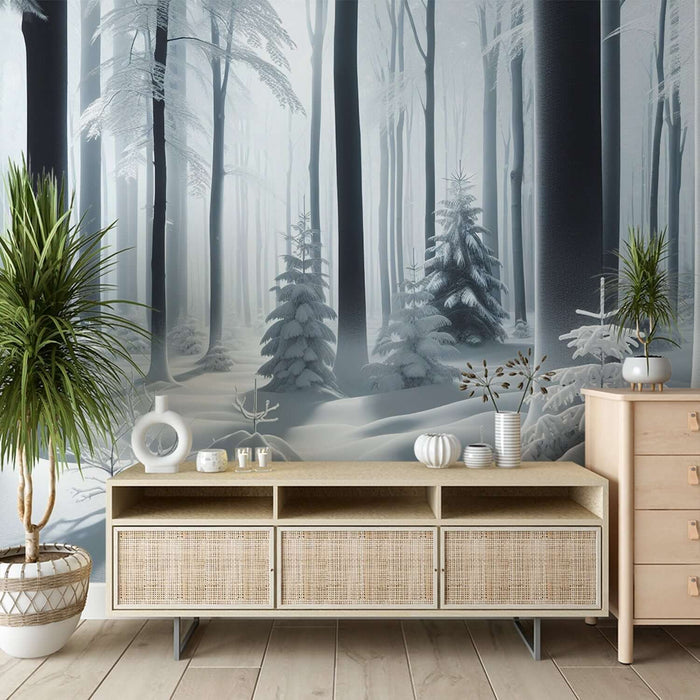 Scandinavian Winter Forest Wallpaper Mural | Serene Snow Landscape for Tranquil Interiors
