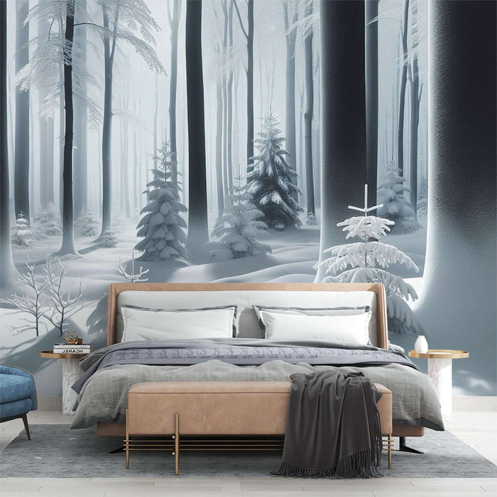 Scandinavian Winter Forest Wallpaper Mural | Serene Snow Landscape for Tranquil Interiors - snow-draped forest bedroom backdrop with tall trees and frosted evergreens