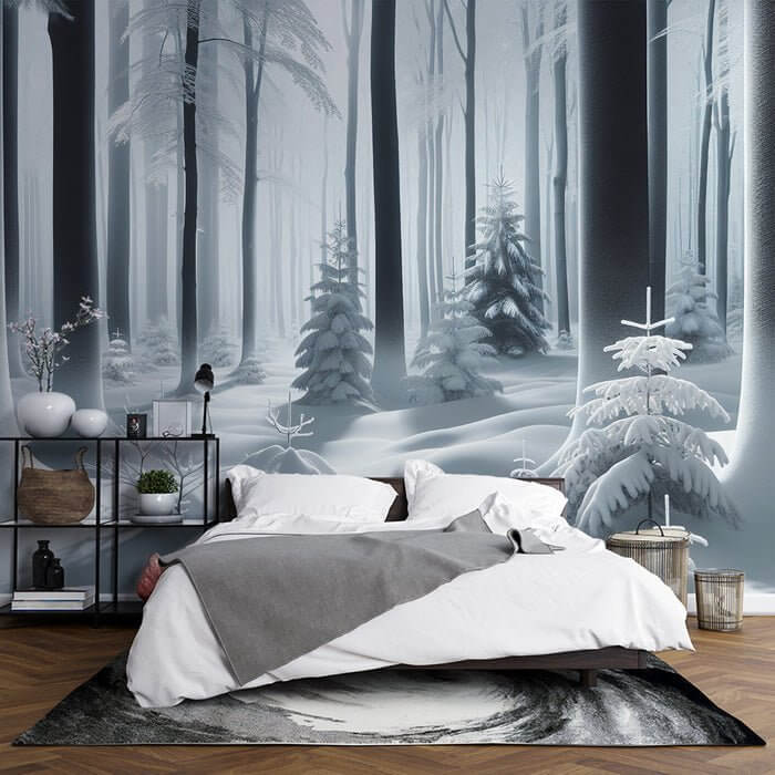 Scandinavian Winter Forest Wallpaper Mural | Serene Snow Landscape for Tranquil Interiors