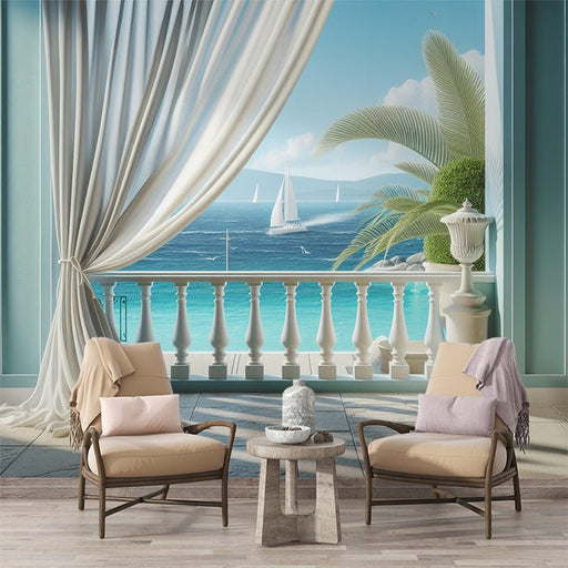 Sea view balcony wallpaper mural | Mediterranean style - Carving wallpaper