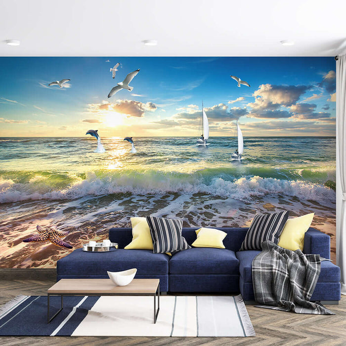Sea view beach wallpaper mural | Living room bedroom vacation style decorative wall