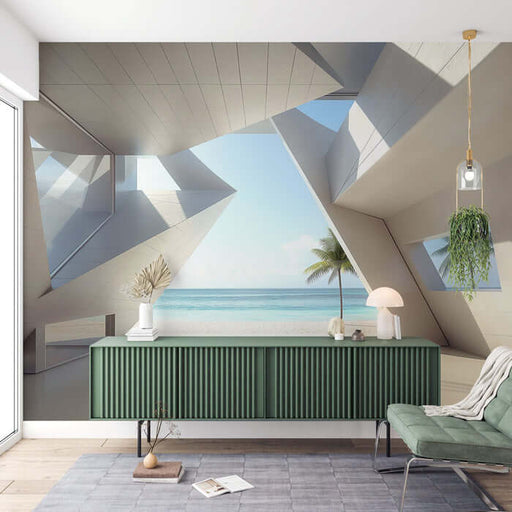 Sea view geometric architecture wallpaper mural | Living room bedroom fresh decorative wall