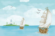 Sea view sailboat wallpaper mural | Lighthouse flying bird - Carving wallpaper