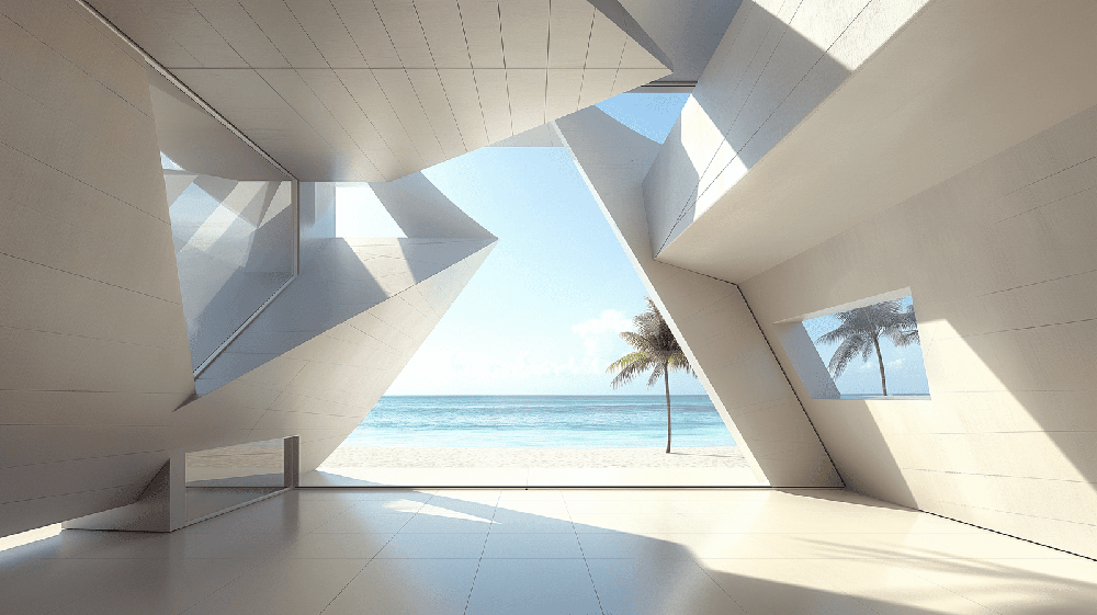 Sea view geometric architecture wallpaper mural | Living room bedroom fresh decorative wall