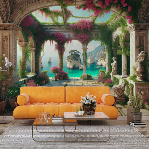 Seaside classical corridor wallpaper | Floral and green plant murals - Carving wallpaper
