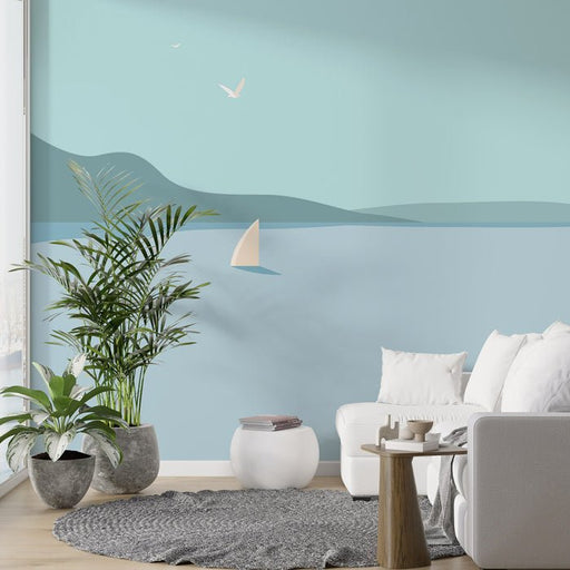 Seaside Scenery Wallpaper Mural | Sailing Sea View Painting - Carving wallpaper