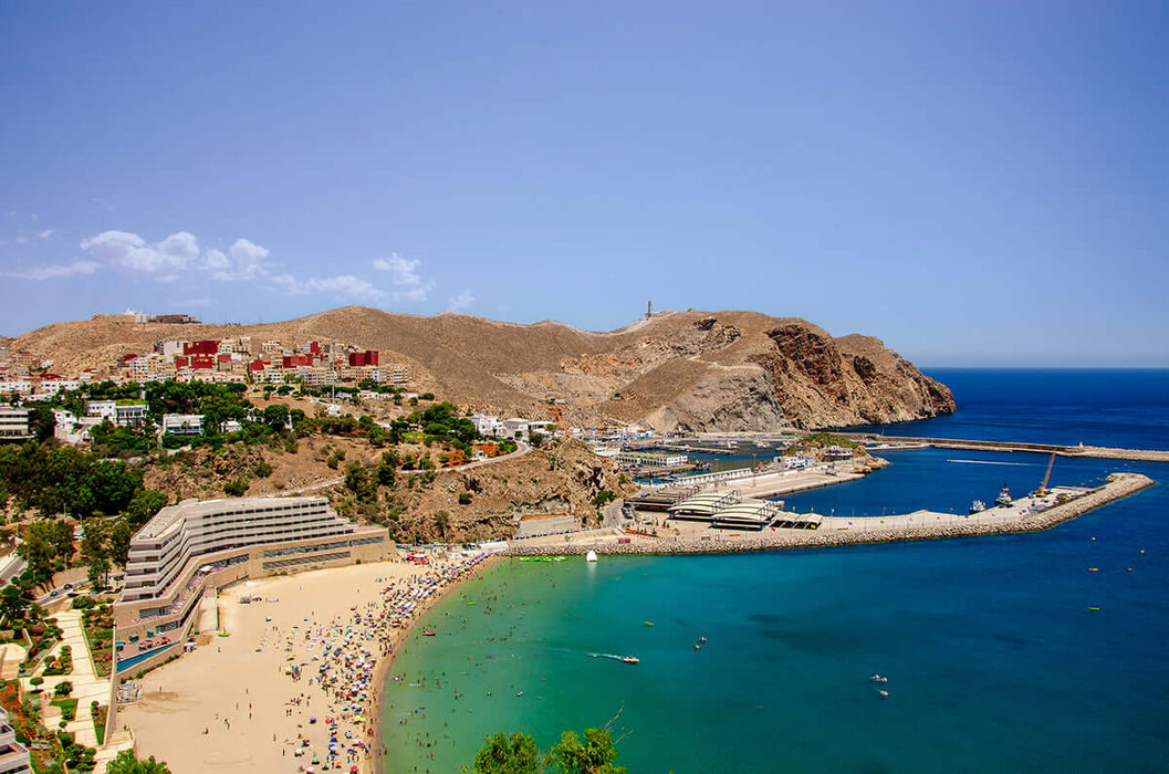 Seaside vacation scenery wallpaper| Mediterranean decorative mural - Seaside city, blue-green coastline, golden beach and coastal mountains for Mediterranean vacation vibe