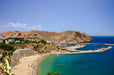 Seaside vacation scenery wallpaper| Mediterranean decorative mural - Seaside city, blue-green coastline, golden beach and coastal mountains for Mediterranean vacation vibe