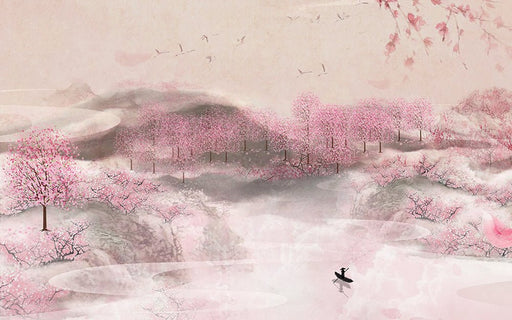Serene Cherry Blossom Ink Wash Mural - Zen Wallpaper for Bedroom & Living Room: cherry blossoms ink wash landscape with misty mountains in pinks and grays