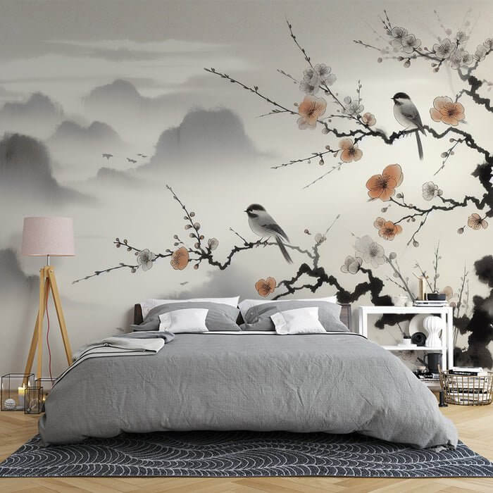 Serene Retreat Landscape Wallpaper Mural: Chinese Ink Plum Blossoms & Birds on Mountain Mist Background | Elegant Floral & Bird Design for Bedroom & Living Room