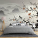 Serene Retreat Landscape Wallpaper Mural: Chinese Ink Plum Blossoms & Birds on Mountain Mist Background | Elegant Floral & Bird Design for Bedroom & Living Room