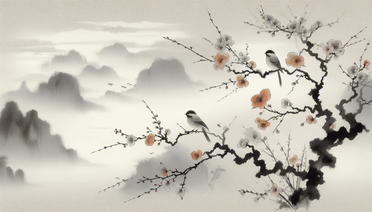 Serene Retreat Landscape Wallpaper Mural: Chinese Ink Plum Blossoms & Birds on Mountain Mist Background | Elegant Floral & Bird Design for Bedroom & Living Room